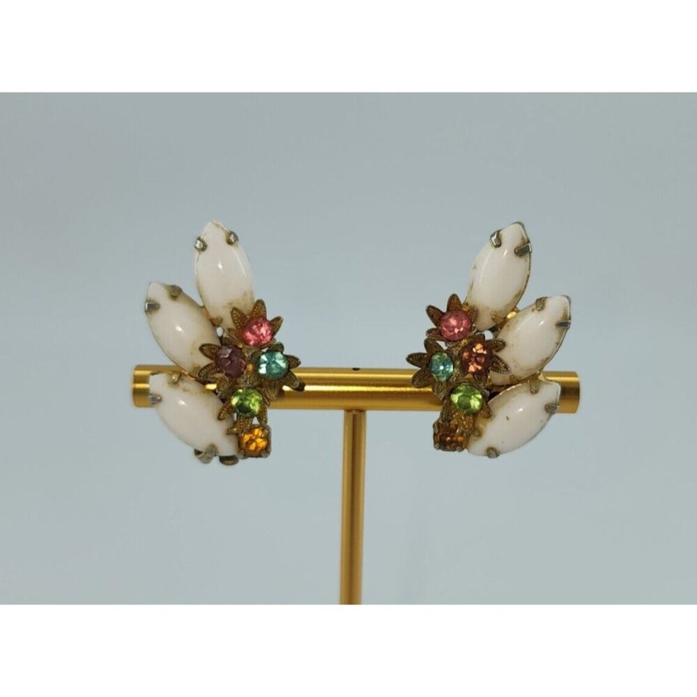 VTG Retro Clip On Earrings Marquise Milk Glass Multicolor Stone Flowers Fan